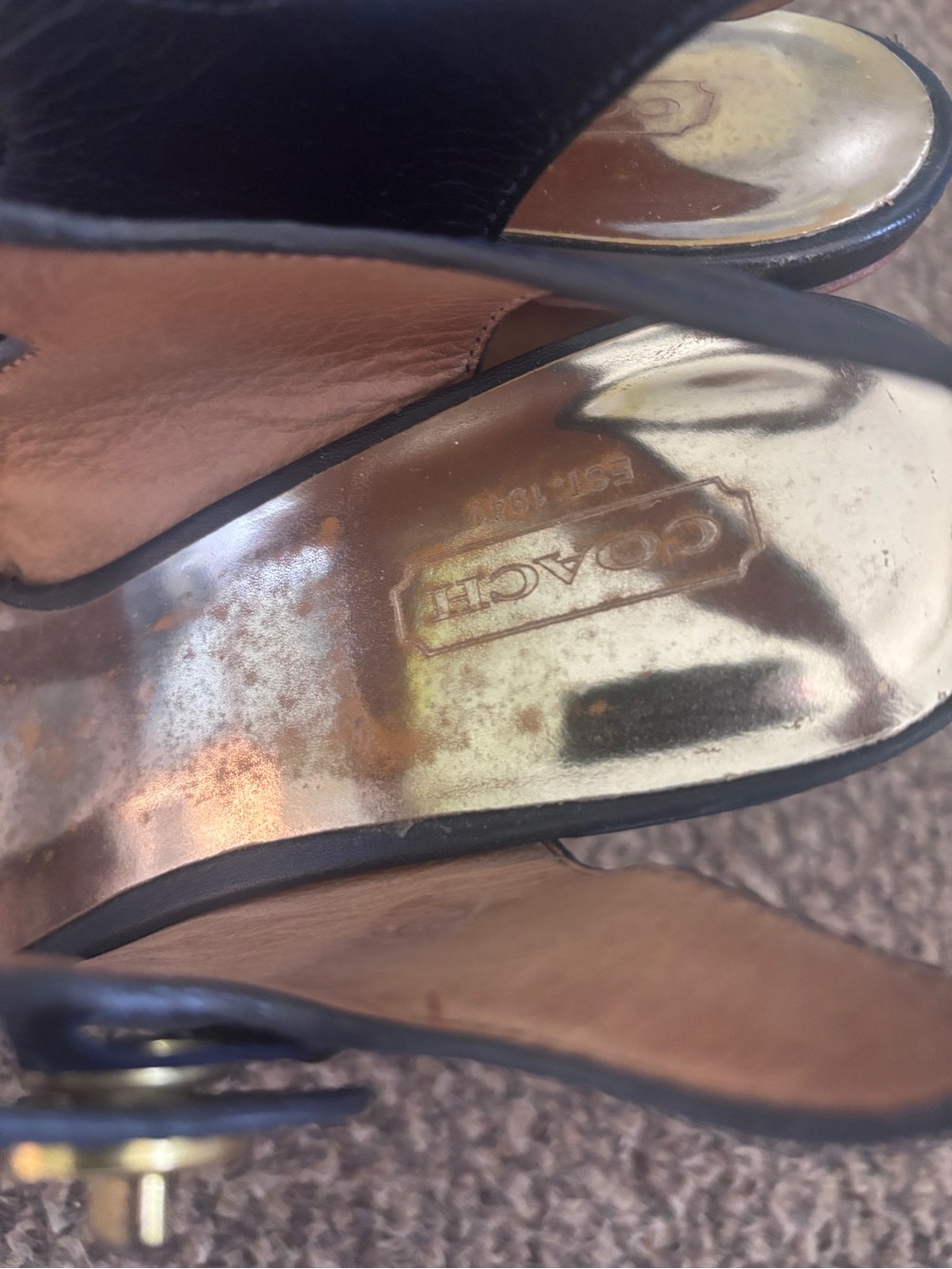 Coach Navy Leather Wedge Sandals with Tan Wood Platform - Picture 3 of 6